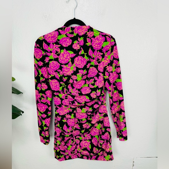 Zara Black Pink Purple Rose Full Sleeved Floral Ruched Dress Small - Picture 2 of 8